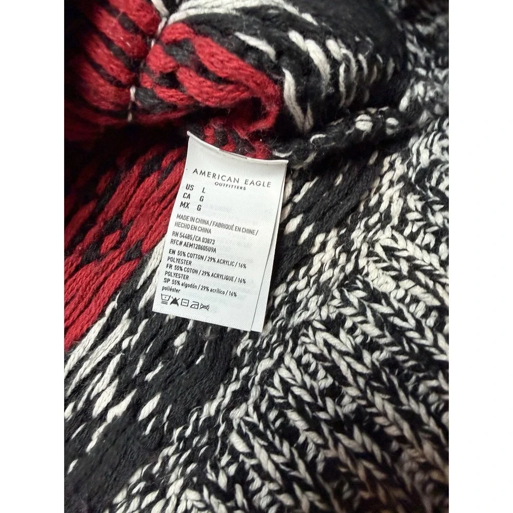 American Eagle Full Zip Cardigan Mens Large Black Red Fair Isle Shawl Sweater
